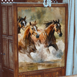 Three Wild Horses Running Through Water Decoupage Tissue Paper