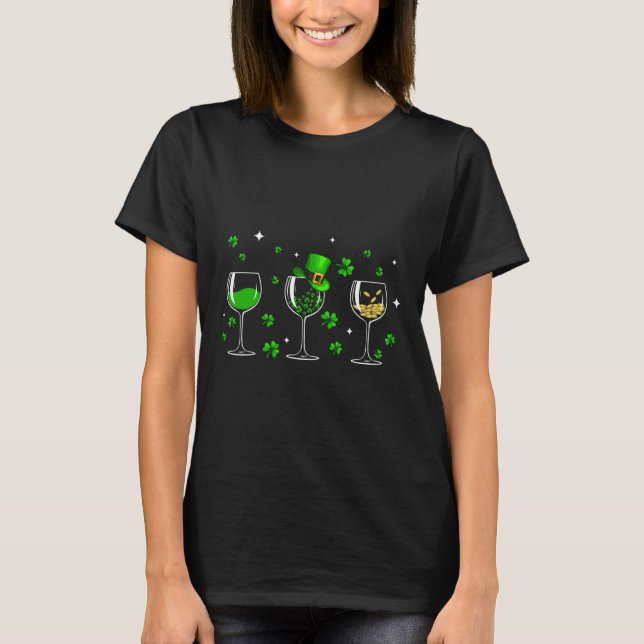 Three Wine Gles Clover Shamrock St Patrick Day Iri T-Shirt (Front)