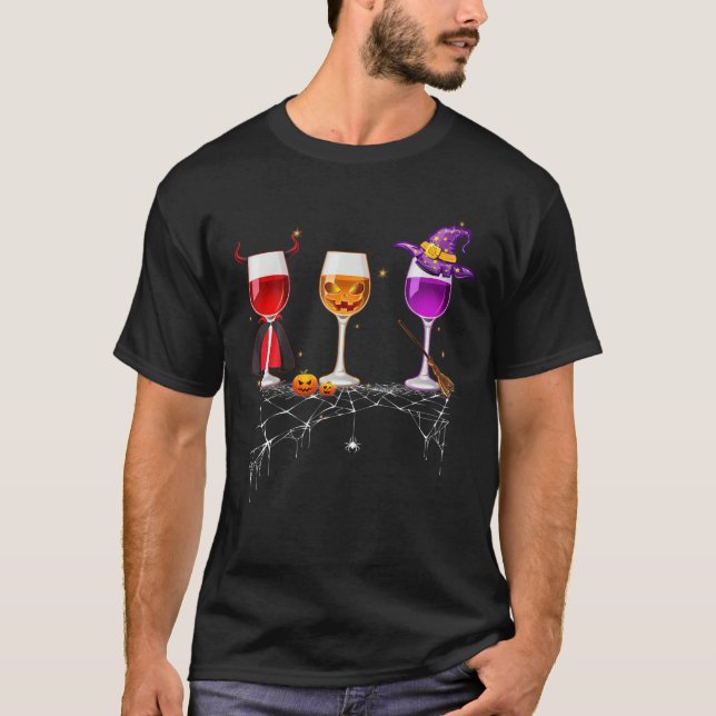Three Wines Glasses Costume Pumpkin Devil Witch Ha T-Shirt (Front)