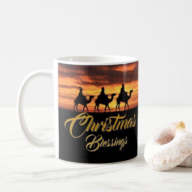 Three Wise Kings Desert Sunset Christmas Blessings Coffee Mug (With Donut)