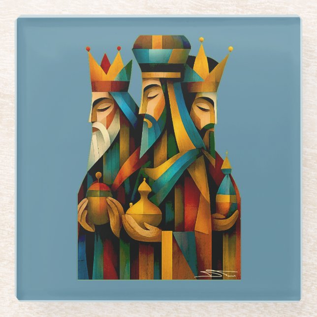 Three Wise Men Abstract Nativity Art  Glass Coaster (Front)