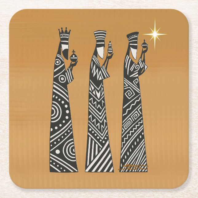 Three Wise Men Black & White Christmas Nativity Square Paper Coaster (Front)