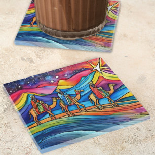 Three Wise Men Colorful Christmas Holiday  Glass Coaster