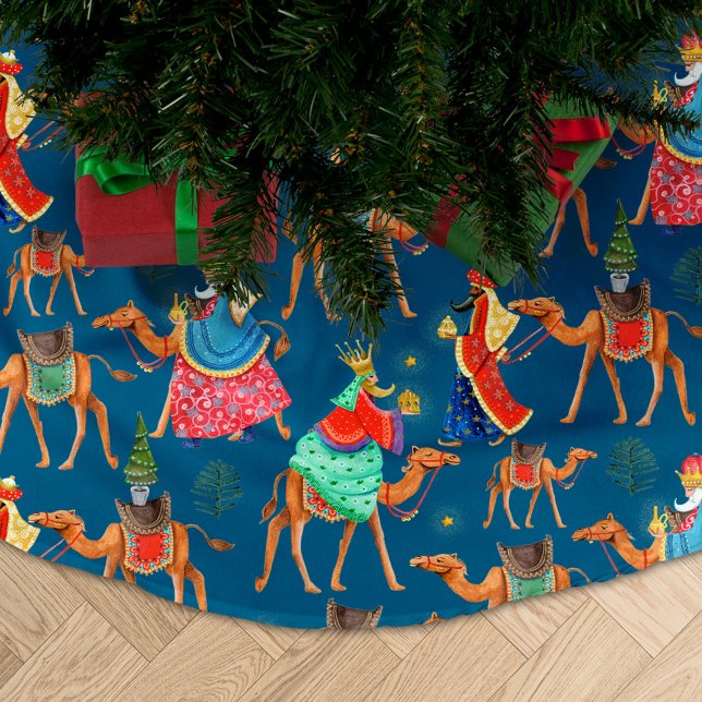 Three wise men kings & camels blue all-over brushed polyester tree skirt (Creator Uploaded)