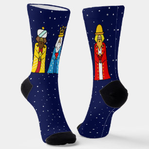 Three Wise Men & Snowflakes on Navy Blue Socks