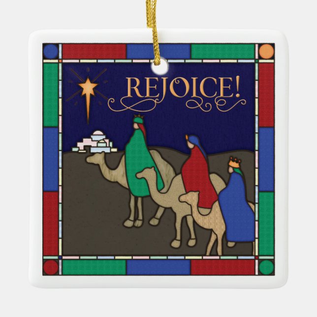 Three Wise Men Stained Glass Christmas Ceramic Ornament (Front)