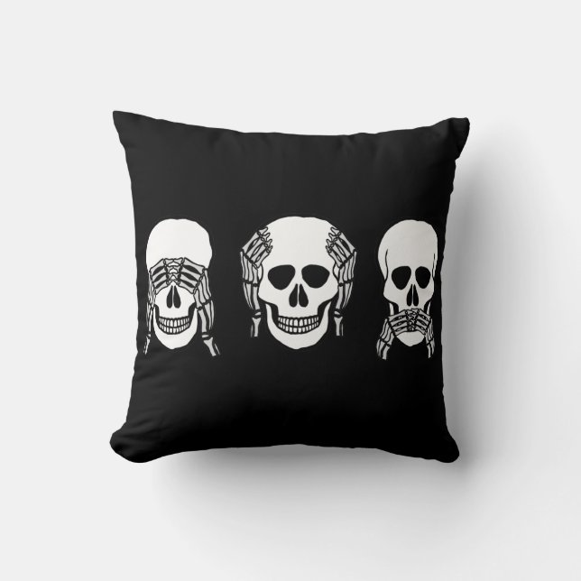 Three wise skulls, see, hear, speak no evil cushion (Front)