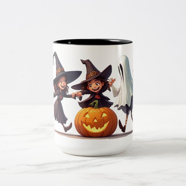 Three Witches And Glowing Pumpkin Dance 🧙 Two-Tone Coffee Mug (Center)