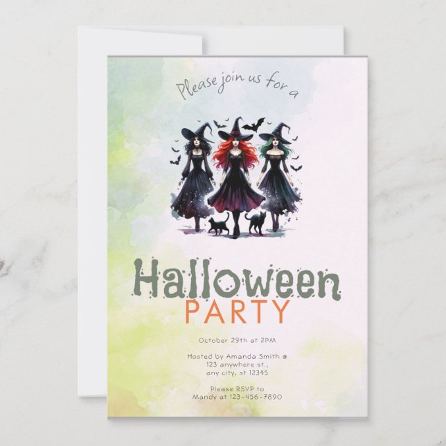 Three Witches Black Cats Bats Halloween Party Invitation (Front)
