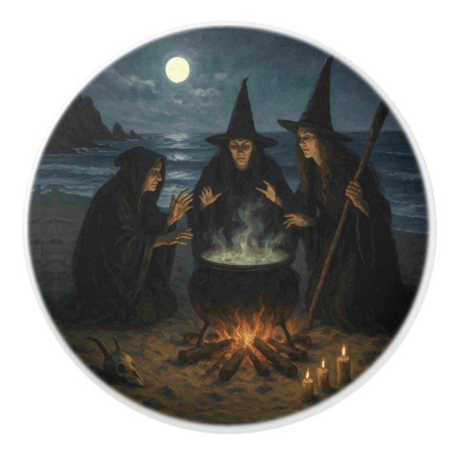 Three Witches Brew Cauldron Full Moon Beach  Ceramic Knob (Front)