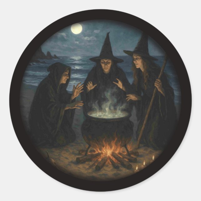 Three Witches Brew Cauldron Full Moon Beach  Classic Round Sticker (Front)