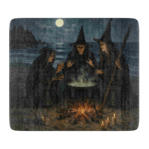 Three Witches Brew Cauldron Full Moon Beach  Cutting Board