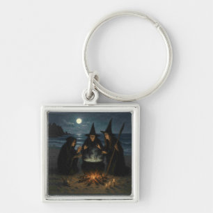 Three Witches Brew Cauldron Full Moon Beach  Key Ring