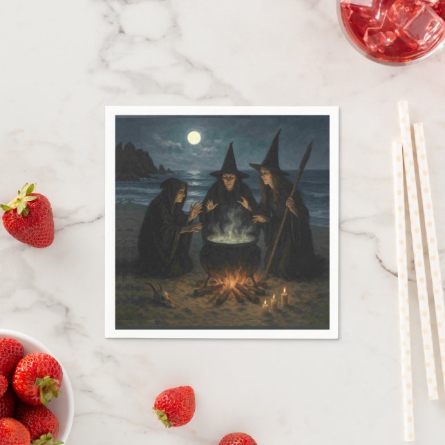 Three Witches Brew Cauldron Full Moon Beach  Napkin (Insitu)