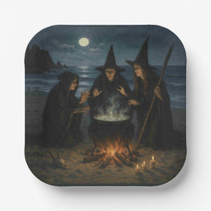 Three Witches Brew Cauldron Full Moon Beach  Paper Plate