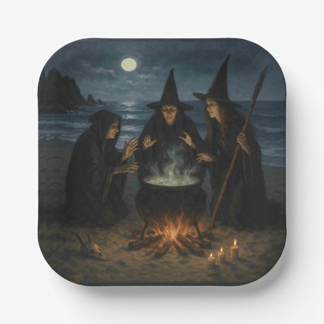 Three Witches Brew Cauldron Full Moon Beach  Paper Plate (Front)