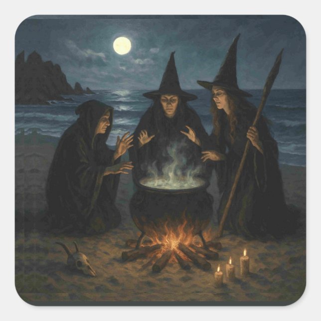 Three Witches Brew Cauldron Full Moon Beach  Square Sticker (Front)