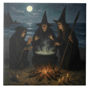 Three Witches Brew Cauldron Full Moon Beach  Tile