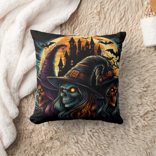 Three witches gather under a glowing full moon cushion (Blanket)