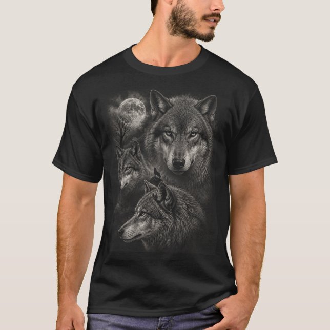 Three Wolves Full Moon | Wild Nature Wolf Howling T-Shirt (Front)