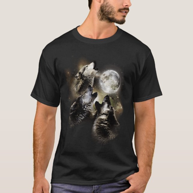Three Wolves Howl At The Moon Wolf T-Shirt (Front)