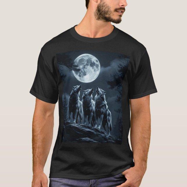 Three Wolves Howling at the Full Moon - Three Wolf T-Shirt (Front)