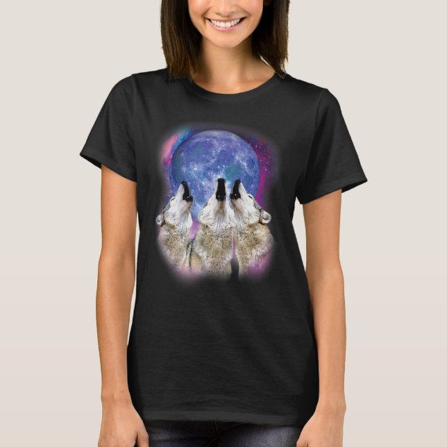 Three Wolves Howling at the Moon Wolf Illustration T-Shirt (Front)