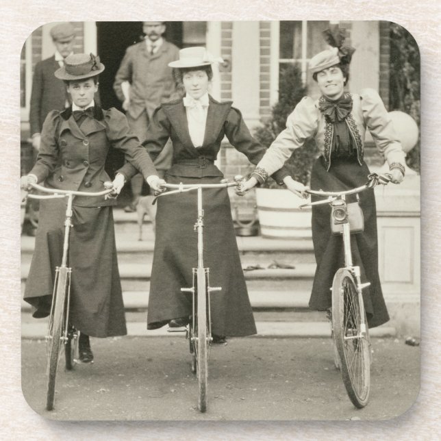 Three women on bicycles, early 1900s (b/w photo) coaster (Front)