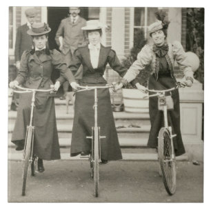 Three women on bicycles, early 1900s (b/w photo) tile