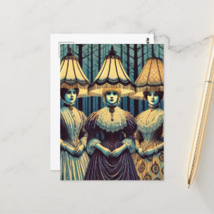 Three Women the Forest With Lampshade Hats Retro Postcard