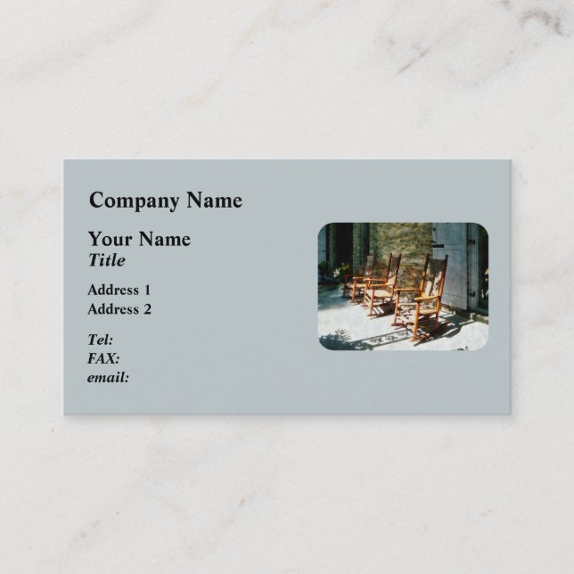 Three Wooden Rocking Chairs on Sunny Porch Business Card (Front)