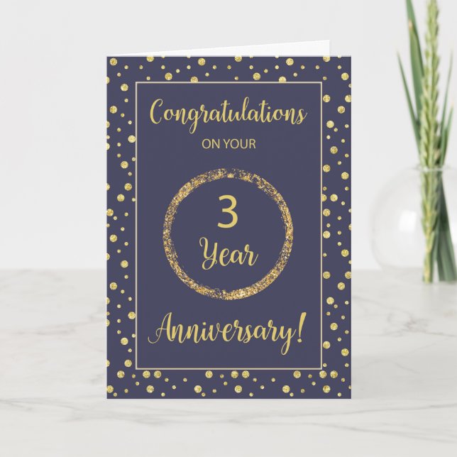Three Year Business Anniversary Navy and Gold-Look Card (Front)