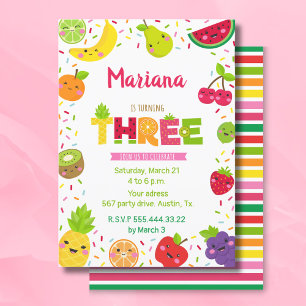 Three year cute fruit, fruit birthday invitation
