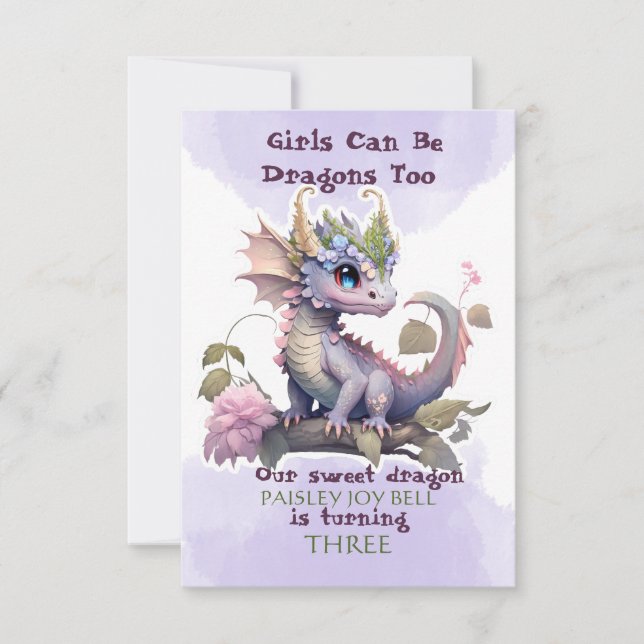 Three Year Old Girl Dragon Invitation (Front)