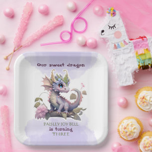 Three Year Old Girl Dragon Paper Plate