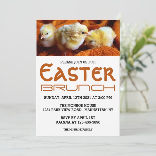 Three Yellow Chicks, Orange & White Easter Brunch Announcement (Standing Front)