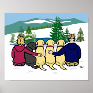 Three Yellow Labradors and Parents Winter View Poster