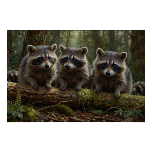 Three Young Raccoons in a Forest Poster