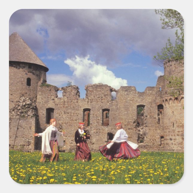 Three young women in traditional clothes square sticker (Front)