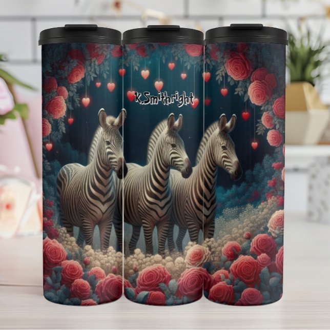 Three Zebras in a Rose Garden Thermal Tumbler (Creator Uploaded)