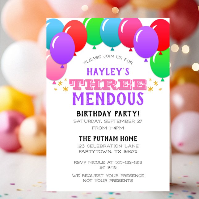 THREEmendous 3rd Birthday Balloon Banner Pink Invitation (Creator Uploaded)