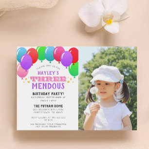 THREEmendous 3rd Birthday Balloon Pink Photo Invitation