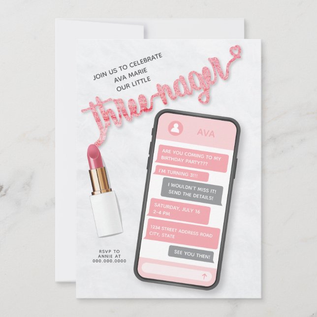 Threenage Girl's Third Birthday Invitation (Front)