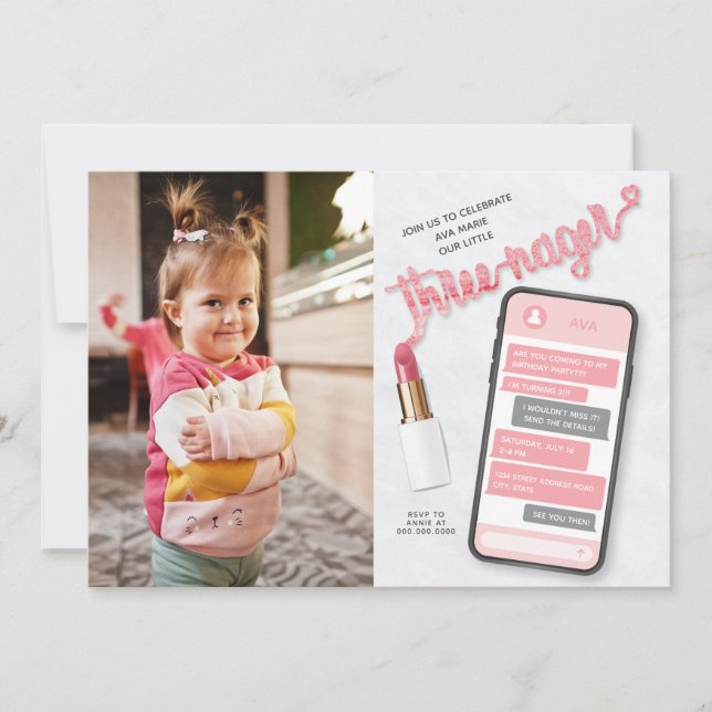 Threenage Girl's Third Birthday Photo Invitation (Front)