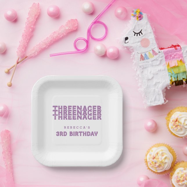 Threenager Name 3rd Birthday Lilac Paper Plate (Party)