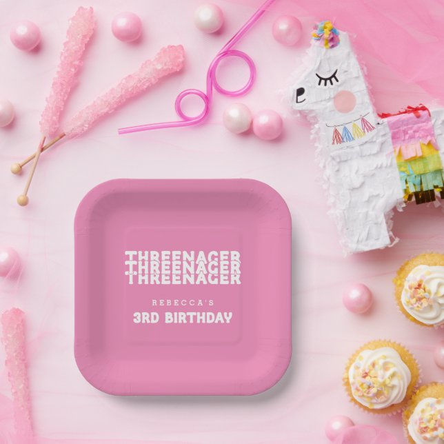 Threenager Name 3rd Birthday White Text Pink Paper Plate (Party)