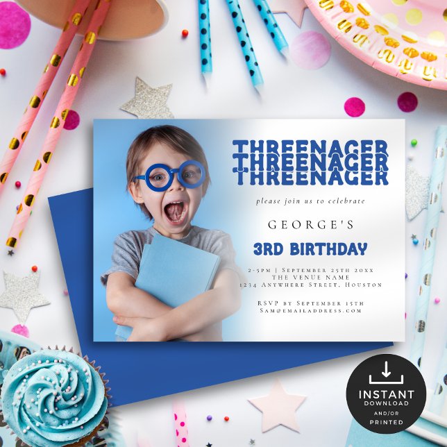 Threenager Photo Overlay 3rd Birthday Party Blue Invitation (Front and back view)
