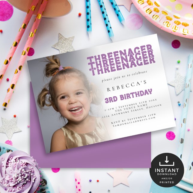 Threenager Photo Overlay 3rd Birthday Party Lilac Invitation (Front and back view)