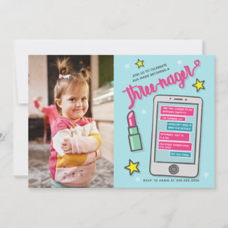 Threenager Third Birthday Photo Turning 3 Invitation