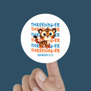 Threenager Tiger Boy 3rd Birthday Party Classic Round Sticker